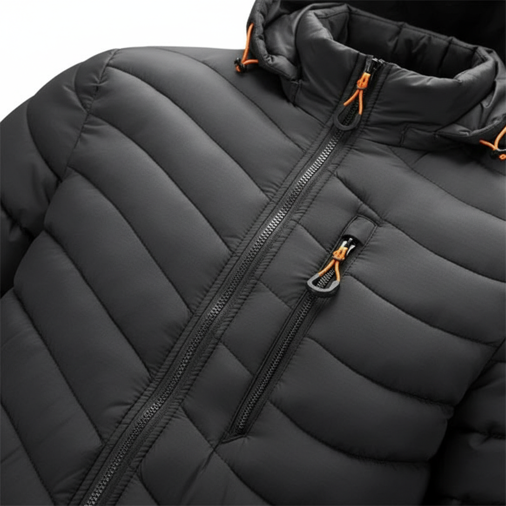 Red men's lightweight down jacket with removable hood, front zipper, and outer pockets