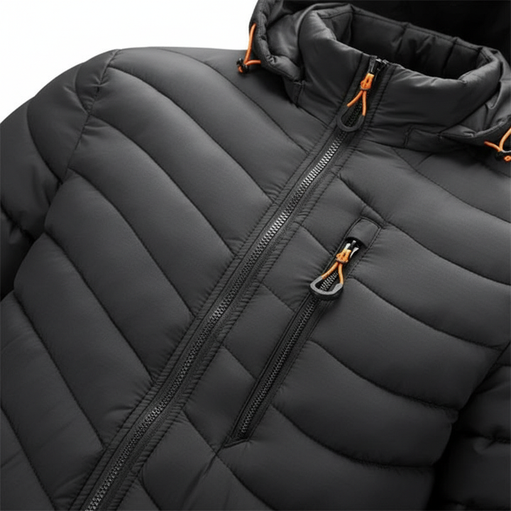 Red men's lightweight down jacket with removable hood, front zipper, and outer pockets