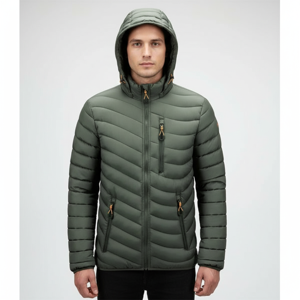 Close-up of a men's lightweight down jacket, showing water repellent fabric and zippered pockets