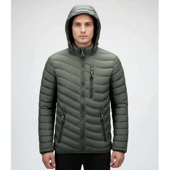 Close-up of a men's lightweight down jacket, showing water repellent fabric and zippered pockets