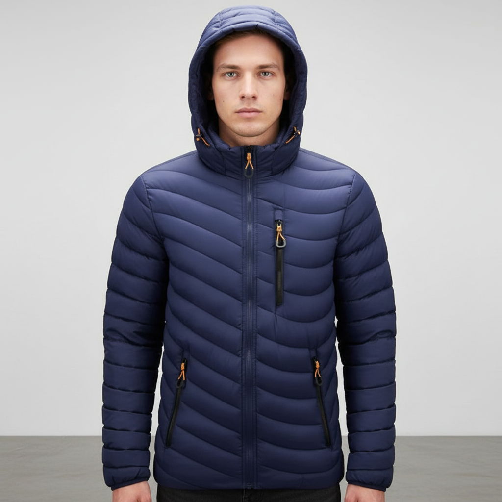Stylish men's down jacket in olive green, lightweight, with removable hood, ideal casual winter coat