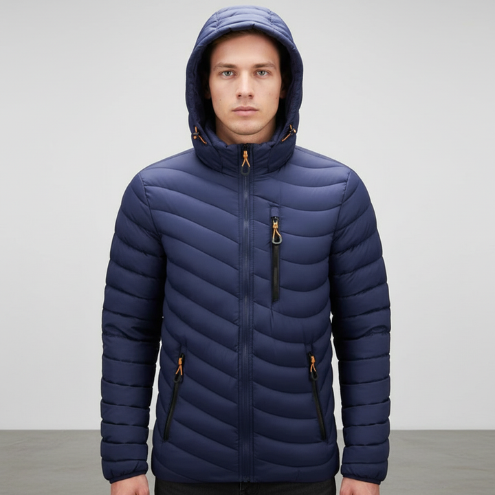 Stylish men's down jacket in olive green, lightweight, with removable hood, ideal casual winter coat