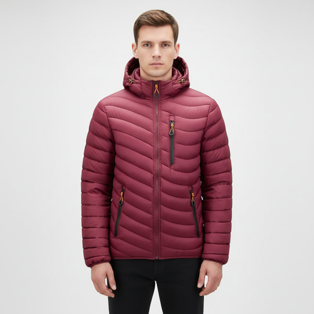 Men's lightweight down jacket in grey with adjustable, removable hood, a warm and fashionable outerwear