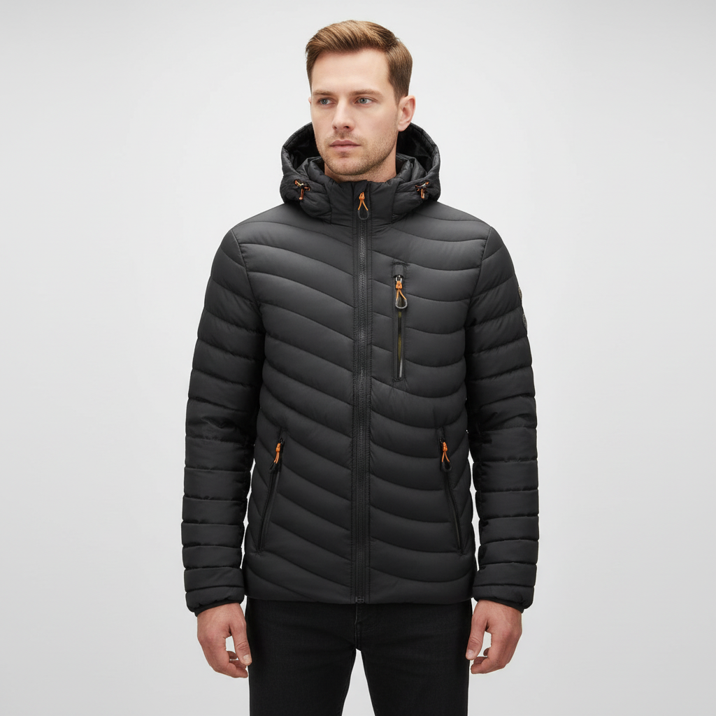 Folded men's lightweight down jacket with its removable hood, emphasizing portability and warmth