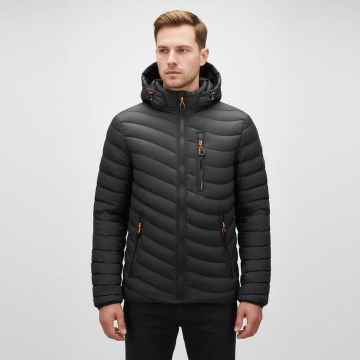 Folded men's lightweight down jacket with its removable hood, emphasizing portability and warmth