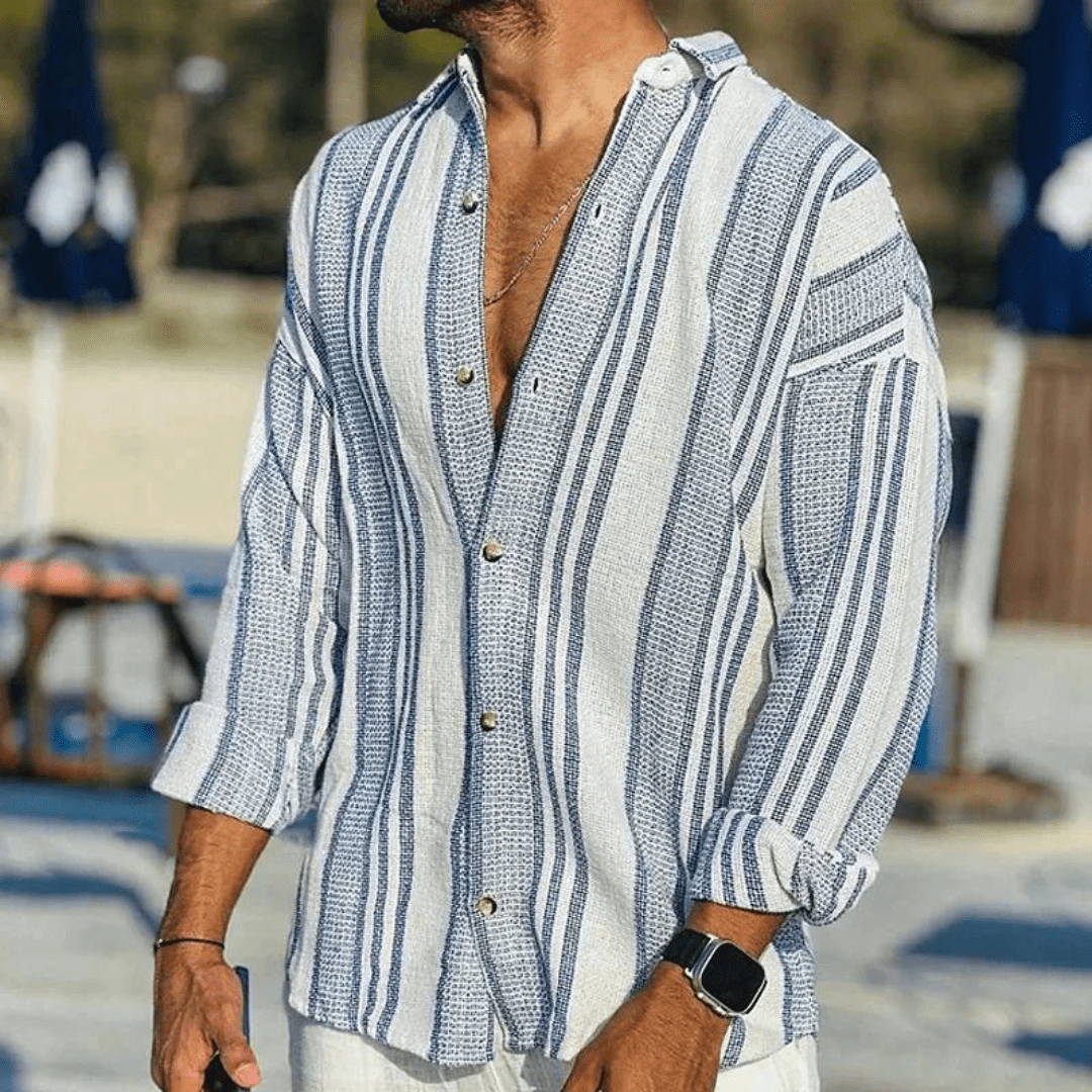 Stylish man wearing Elias short sleeve button shirt, perfect for summer casual outings