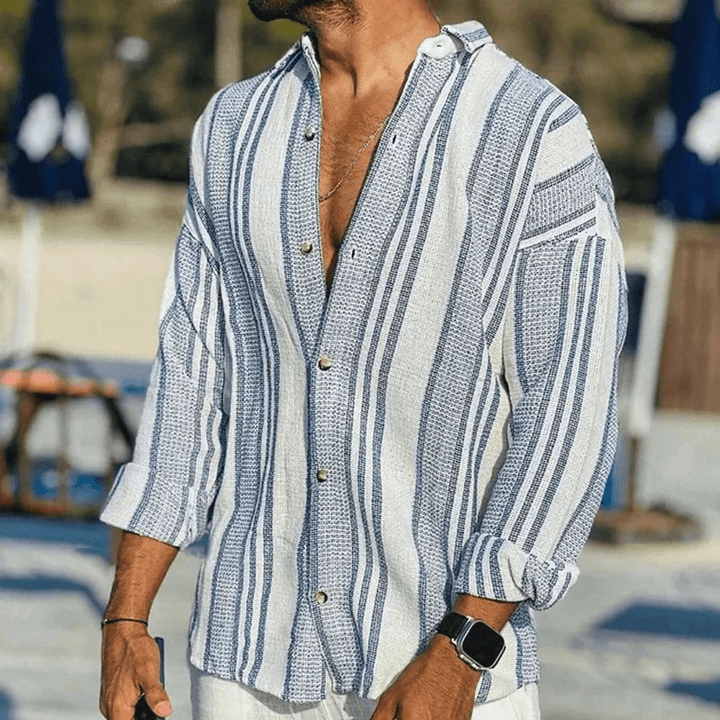 Stylish man wearing Elias short sleeve button shirt, perfect for summer casual outings