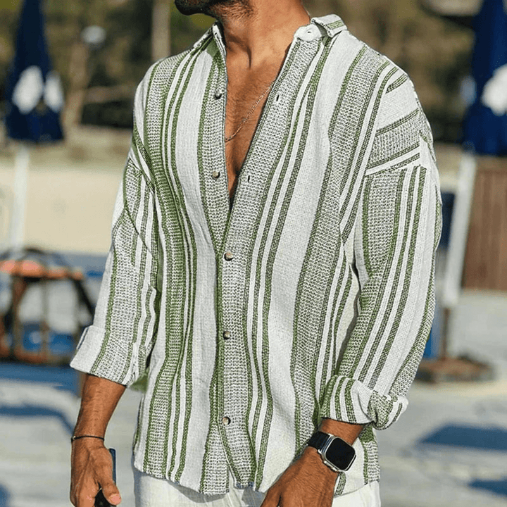 Flat lay of men's breathable resortwear shirt, Elias model, ideal for warm weather