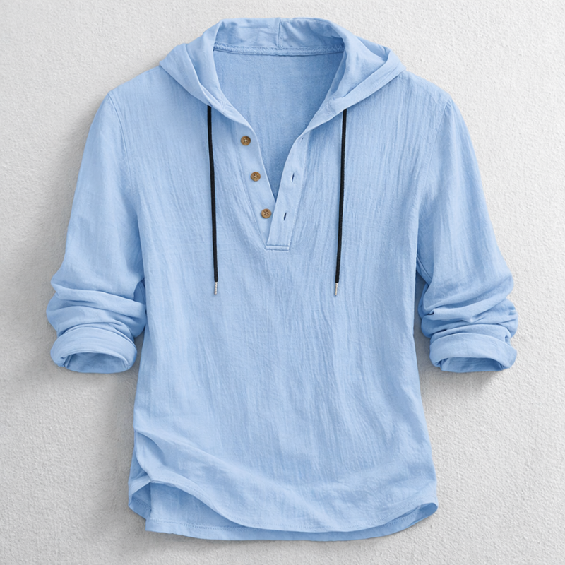 Men's lightweight hooded Henley shirt in a relaxed fit, ideal for casual spring & summer wear. Comfortable long sleeve top.