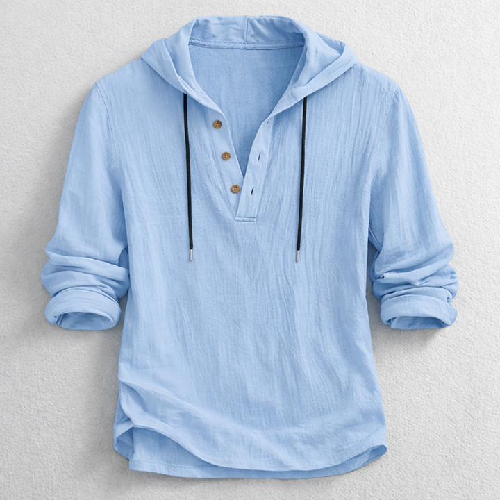 Men's lightweight hooded Henley shirt in a relaxed fit, ideal for casual spring & summer wear. Comfortable long sleeve top.