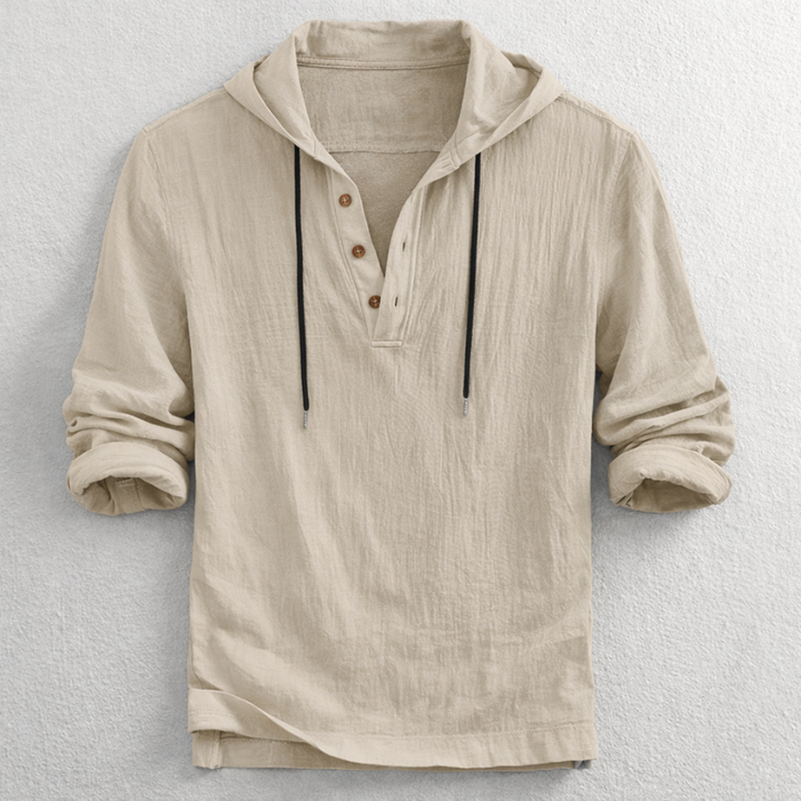 Stylish men's lightweight long-sleeve hooded Henley. Relaxed fit for ultimate comfort and versatile casual spring outfits.