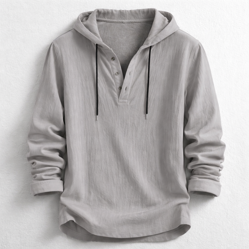 Casual men's relaxed fit hooded Henley shirt. Lightweight long-sleeve top perfect for spring and summer style.