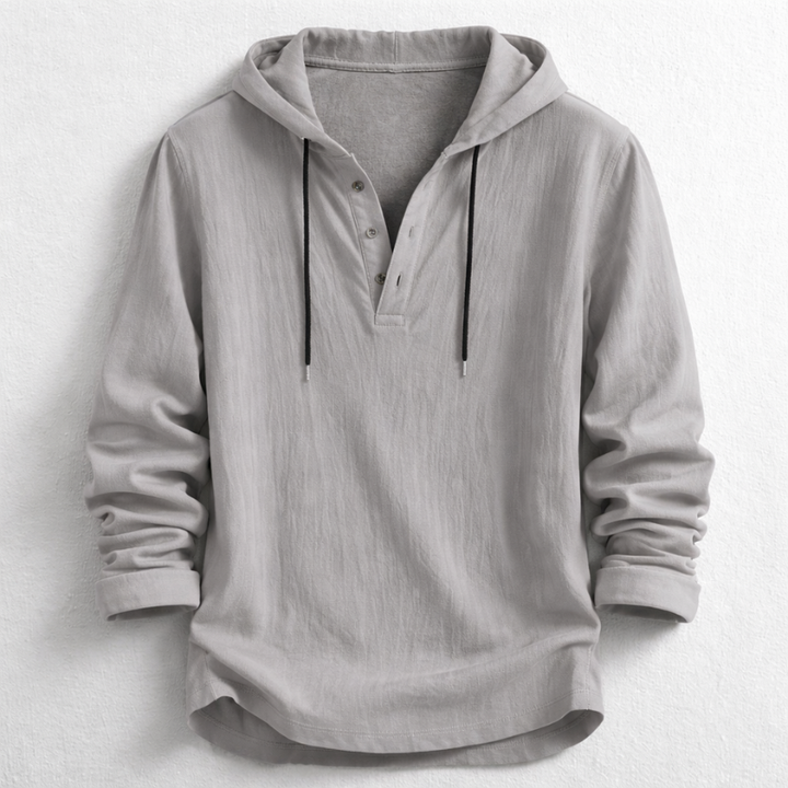 Casual men's relaxed fit hooded Henley shirt. Lightweight long-sleeve top perfect for spring and summer style.