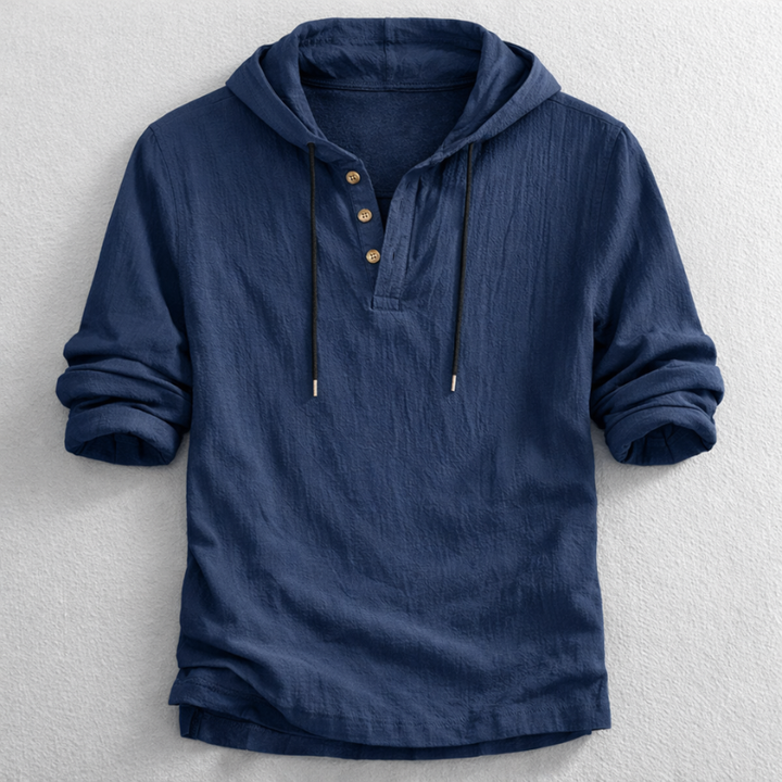 Comfortable men's lightweight hooded Henley. Relaxed fit long-sleeve shirt, great for everyday casual wear & versatility.