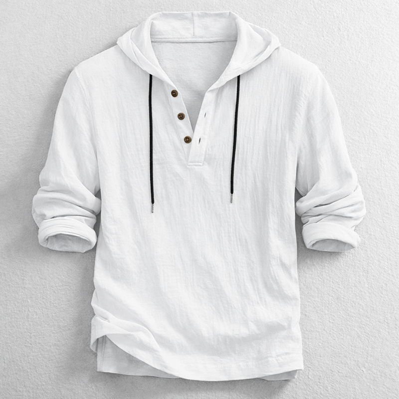 Men's stylish lightweight hooded long-sleeve Henley shirt. Relaxed fit design for comfortable spring & summer casual fashion.