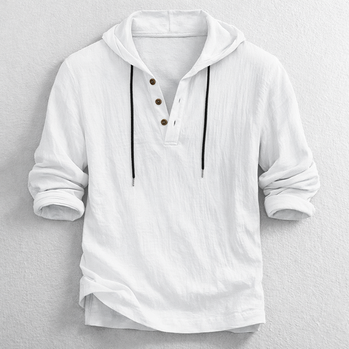 Men's stylish lightweight hooded long-sleeve Henley shirt. Relaxed fit design for comfortable spring & summer casual fashion.