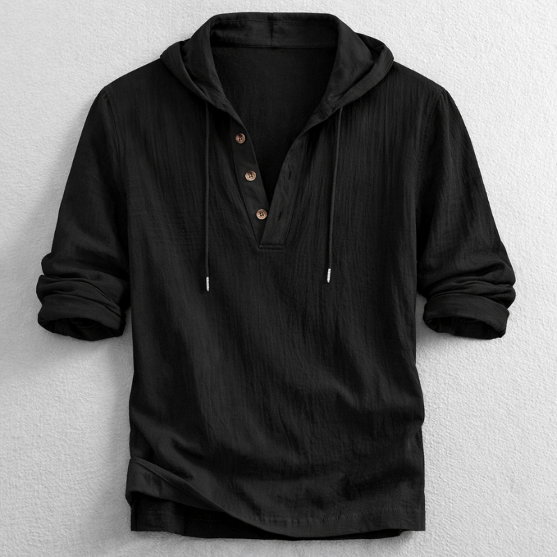 Relaxed fit men's lightweight hooded Henley. Comfortable long-sleeve shirt for versatile spring and summer casual wear.