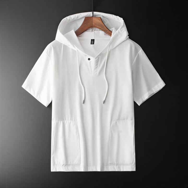 Men's lightweight hooded short sleeve shirt, breathable, ideal for summer layering, casual streetwear.