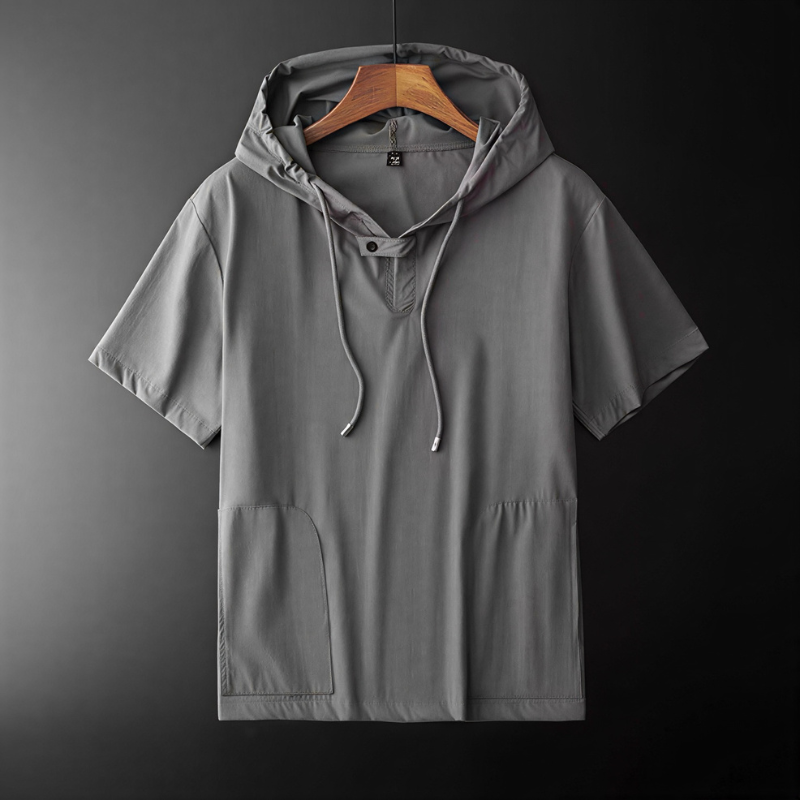 Lightweight men's summer hooded shirt, breathable & comfortable, ideal for casual layering or streetwear.