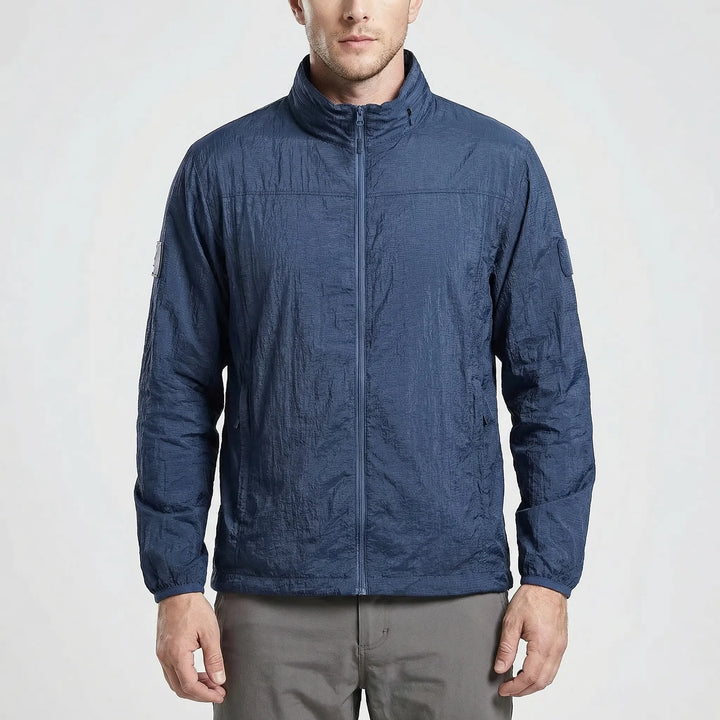 Durable men's tactical hooded windbreaker jacket, lightweight & water-repellent for outdoor hiking.