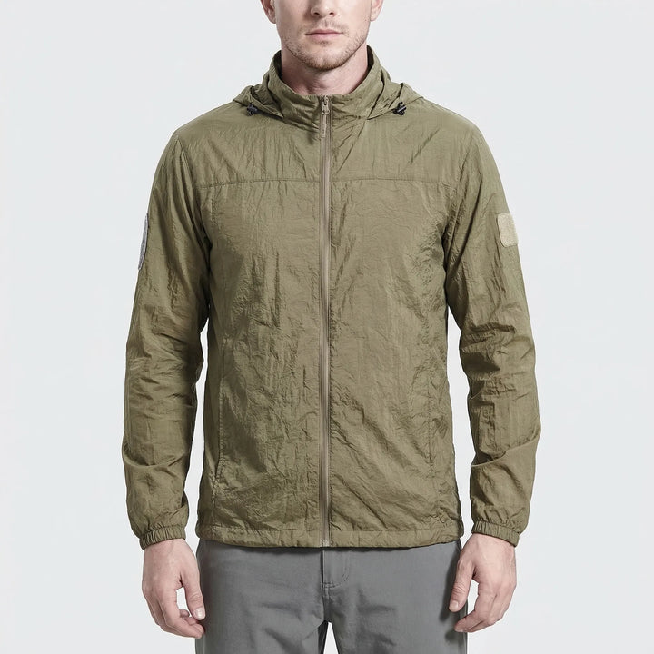 Men's lightweight hooded tactical windbreaker jacket. Water-repellent for hiking, outdoor sports & activewear.