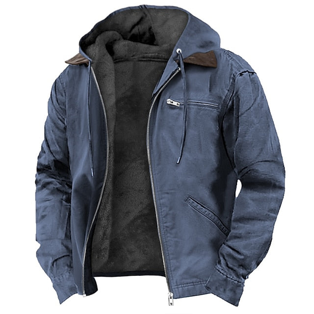 Durable men's hooded jacket. Lightweight, zip-up, and water-resistant for all transitional weather conditions.