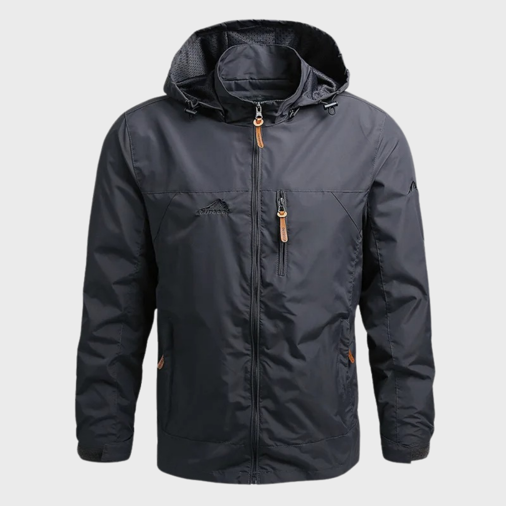Active men's rain jacket windbreaker for outdoor activities; provides lightweight weather protection & comfort.