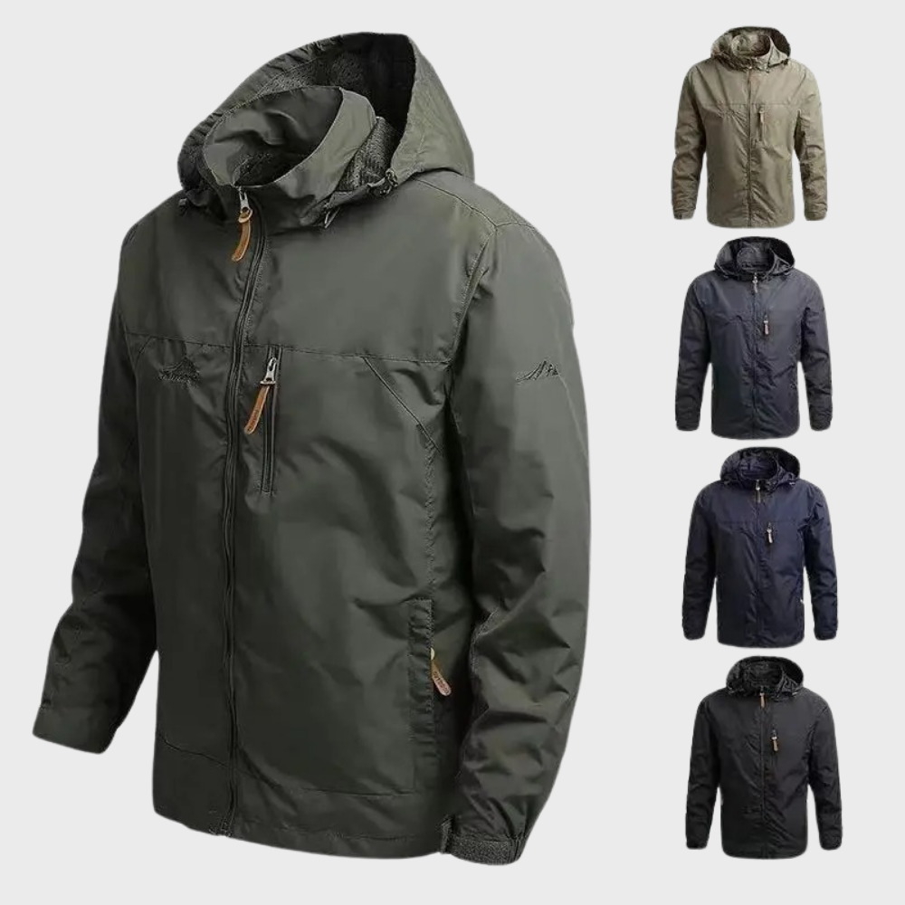 Modern men's hooded windbreaker, offering comfort and style for cool weather. Lightweight and protective.