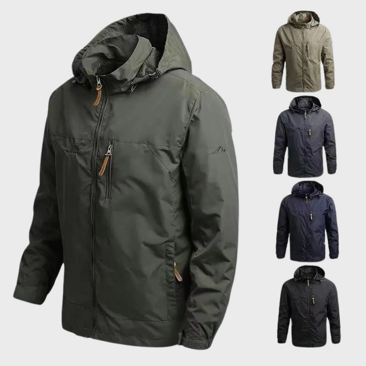Modern men's hooded windbreaker, offering comfort and style for cool weather. Lightweight and protective.