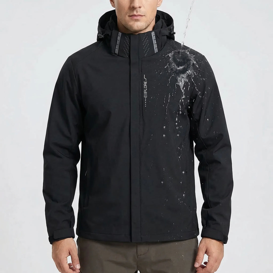 Close-up of lightweight men's hooded windbreaker jacket, highlighting its durable fabric & functional design.