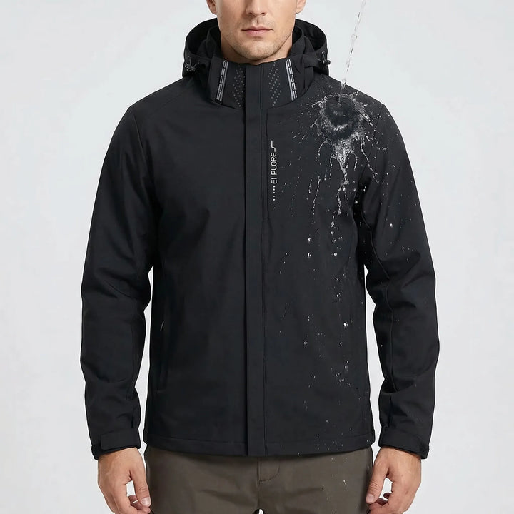 Close-up of lightweight men's hooded windbreaker jacket, highlighting its durable fabric & functional design.