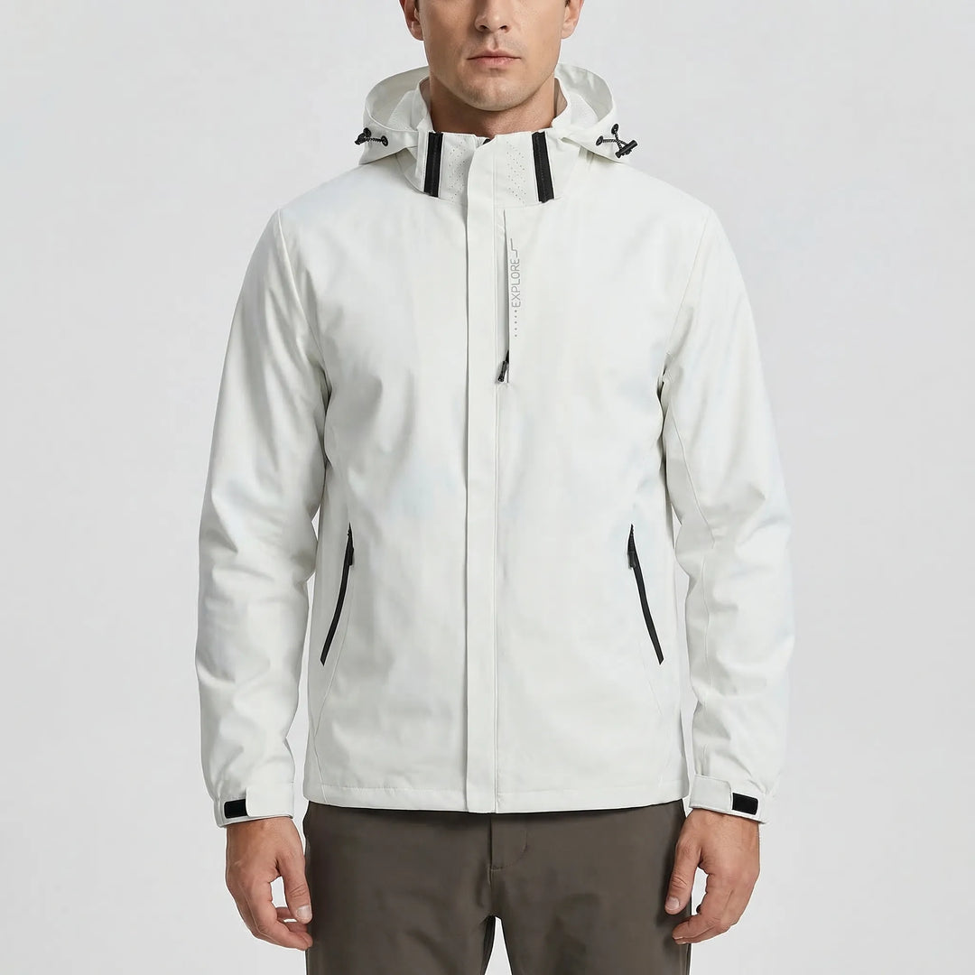 Protective men's hooded windbreaker jacket, engineered to block wind & light rain during outdoor sports.