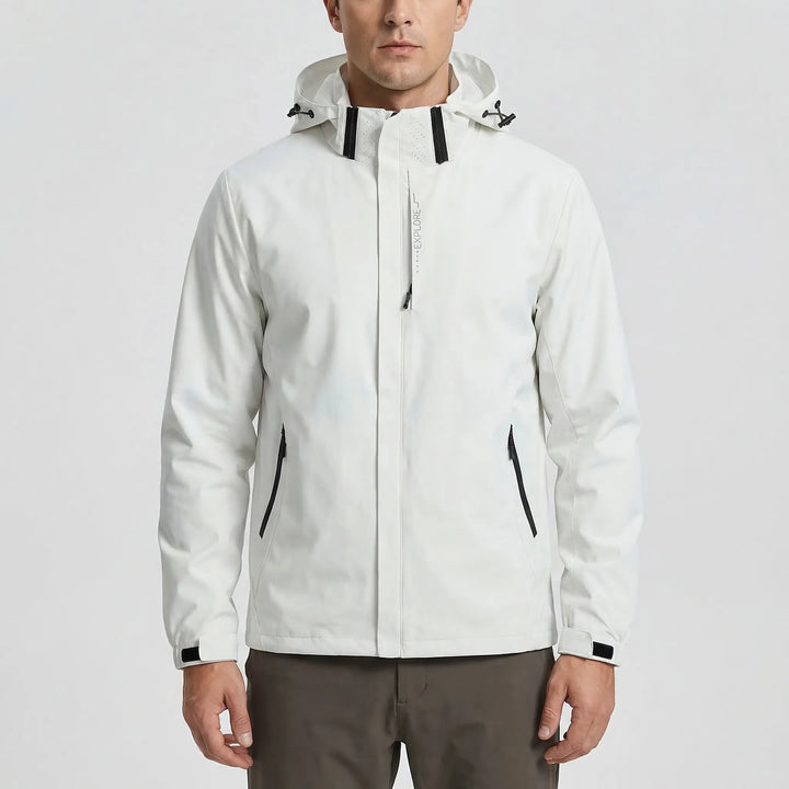 Protective men's hooded windbreaker jacket, engineered to block wind & light rain during outdoor sports.