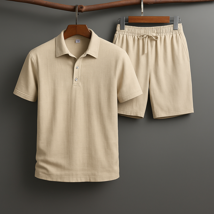 Men's lightweight linen-blend polo set. Breathable two-piece summer outfit with shorts for casual comfort.