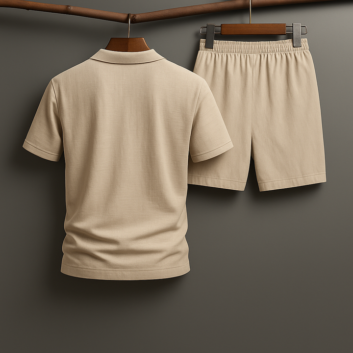 Close-up of comfortable, breathable linen-blend fabric, perfect for men's summer polo set.