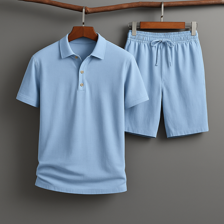 Man in stylish lightweight linen-blend polo shirt & shorts. Ideal men's casual summer wear.