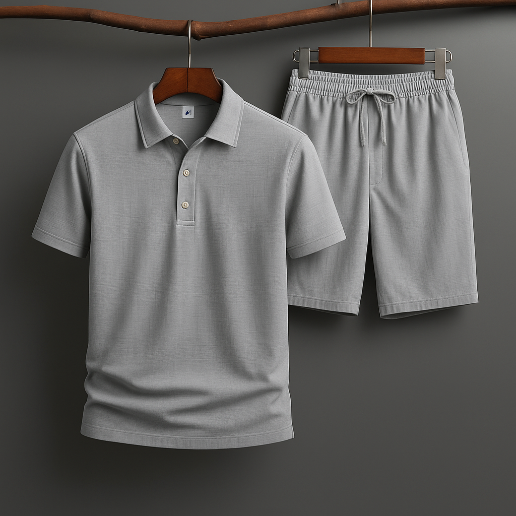Relaxed man in comfortable linen-blend polo set. Perfect breathable lounge wear for summer.