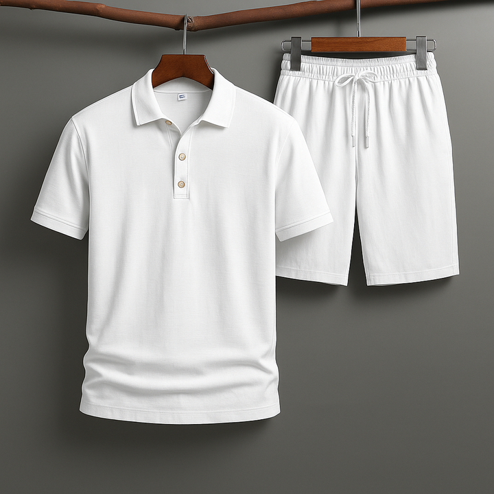 Men's breathable linen-blend polo shirt. Lightweight short-sleeve top, ideal for summer casual wear.