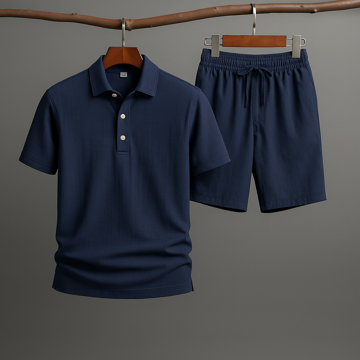 Men's comfortable linen-blend shorts. Lightweight bottom for a two-piece summer polo set.