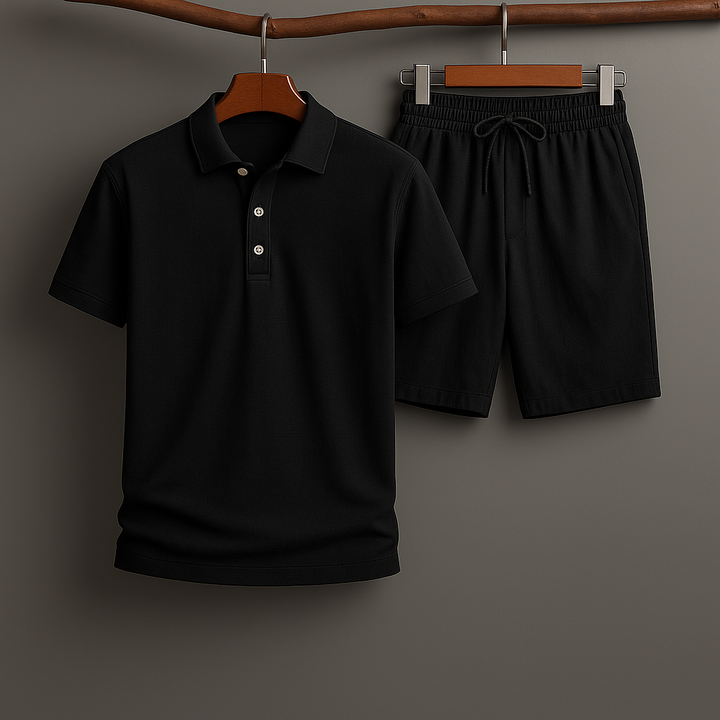 Men's two-piece linen-blend polo & shorts set. Versatile, breathable casual summer clothing.