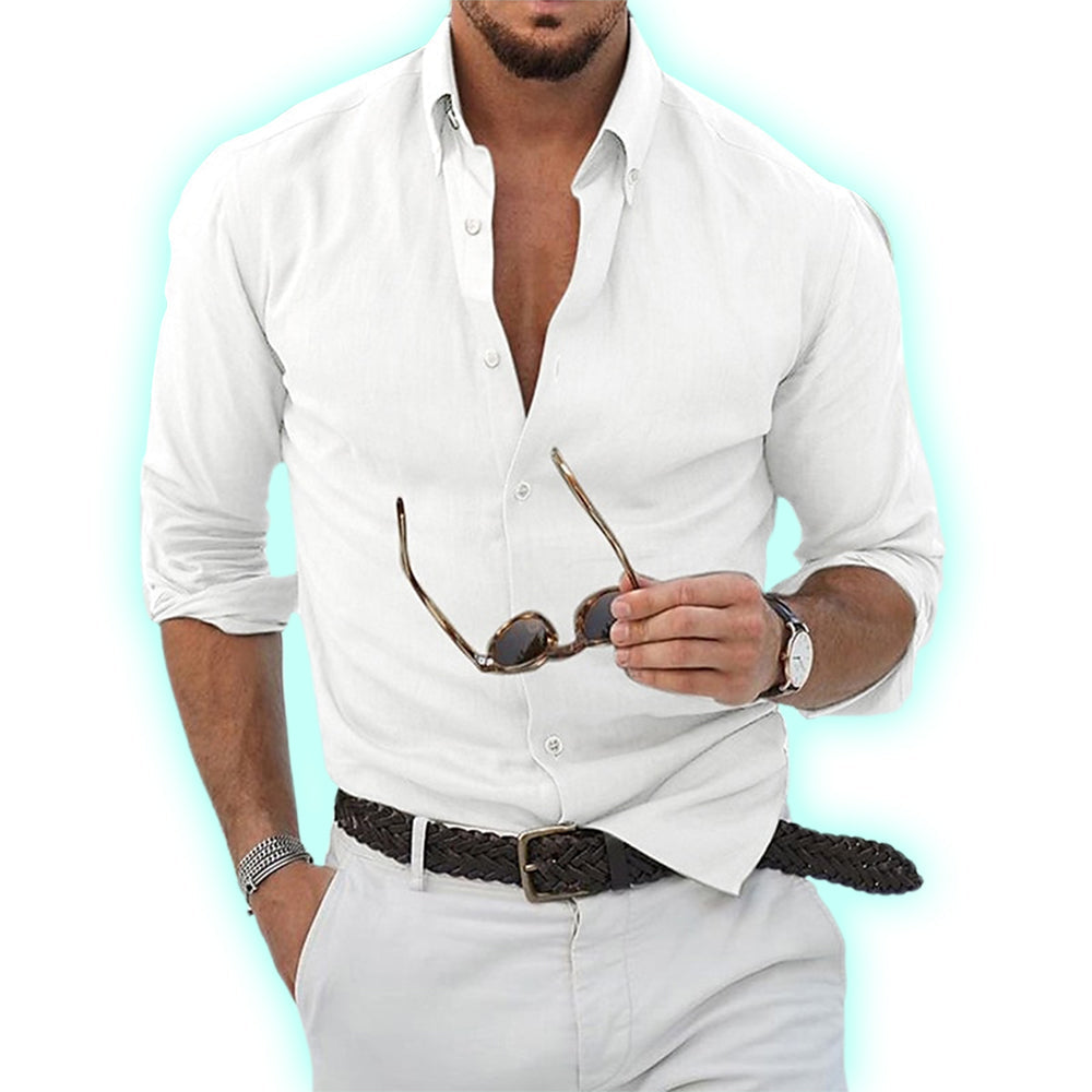 Breathable linen men's long sleeve shirt. Lightweight button-down for warm weather & stylish casual summer fashion.