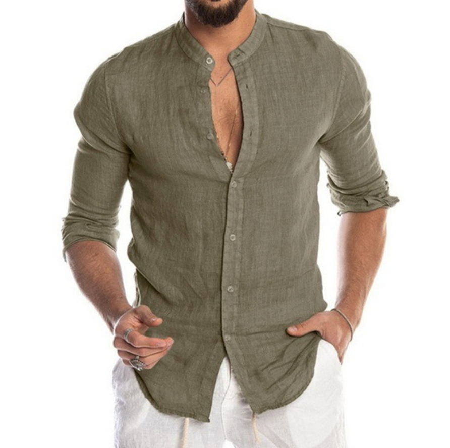 Men's lightweight linen button-up shirt in a relaxed fit, perfect for summer casual style & beachwear.