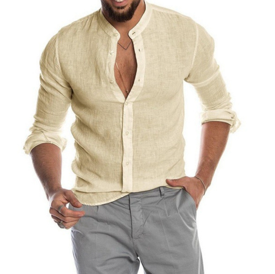 Breathable men's short-sleeve linen shirt, ideal for comfortable everyday summer wear & holiday fashion.