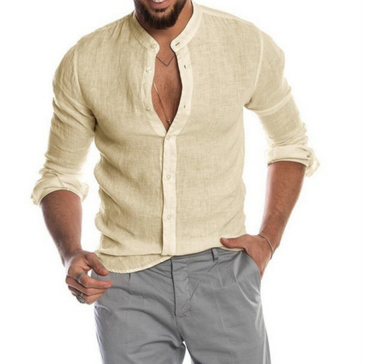Breathable men's short-sleeve linen shirt, ideal for comfortable everyday summer wear & holiday fashion.