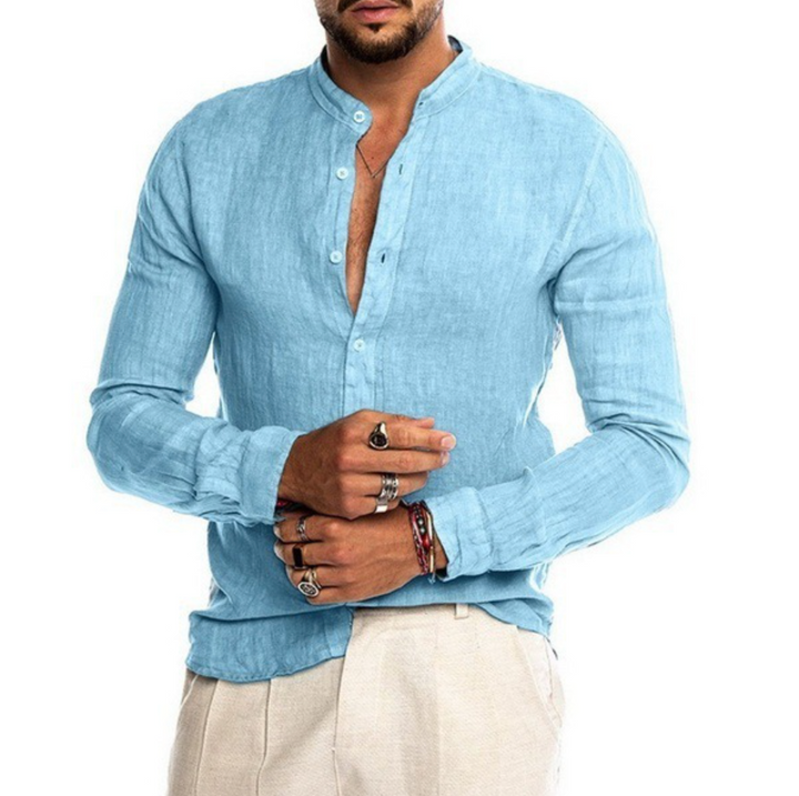 Stylish men's button-up linen shirt for versatile summer fashion, great for beach, holiday, or casual outfits.