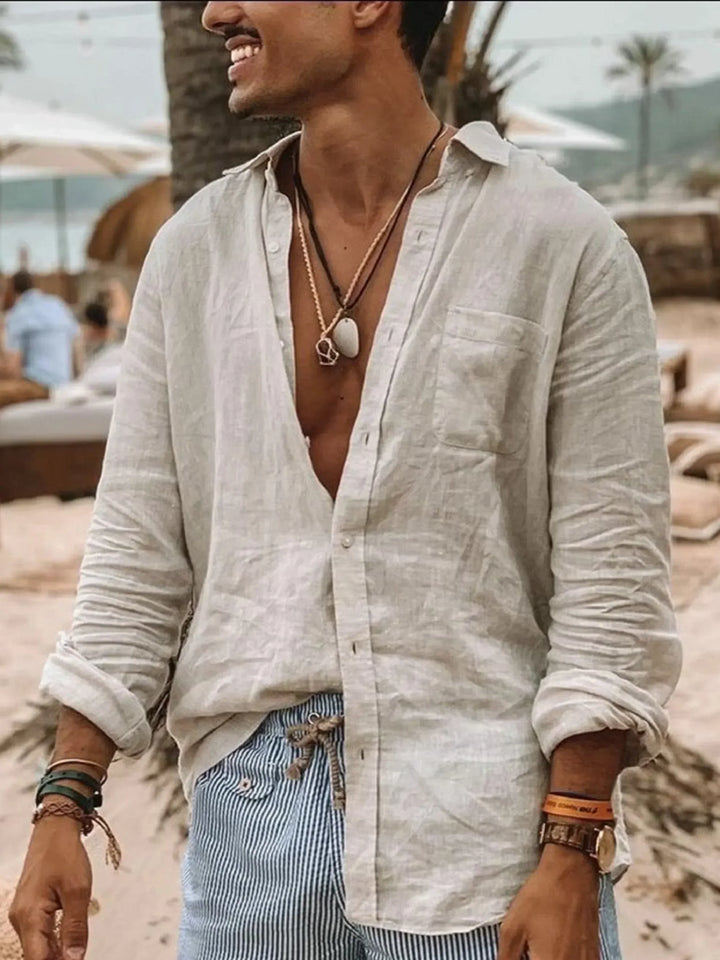 Stylish men's button-up linen shirt offering breathable comfort and a relaxed fit for any casual occasion.