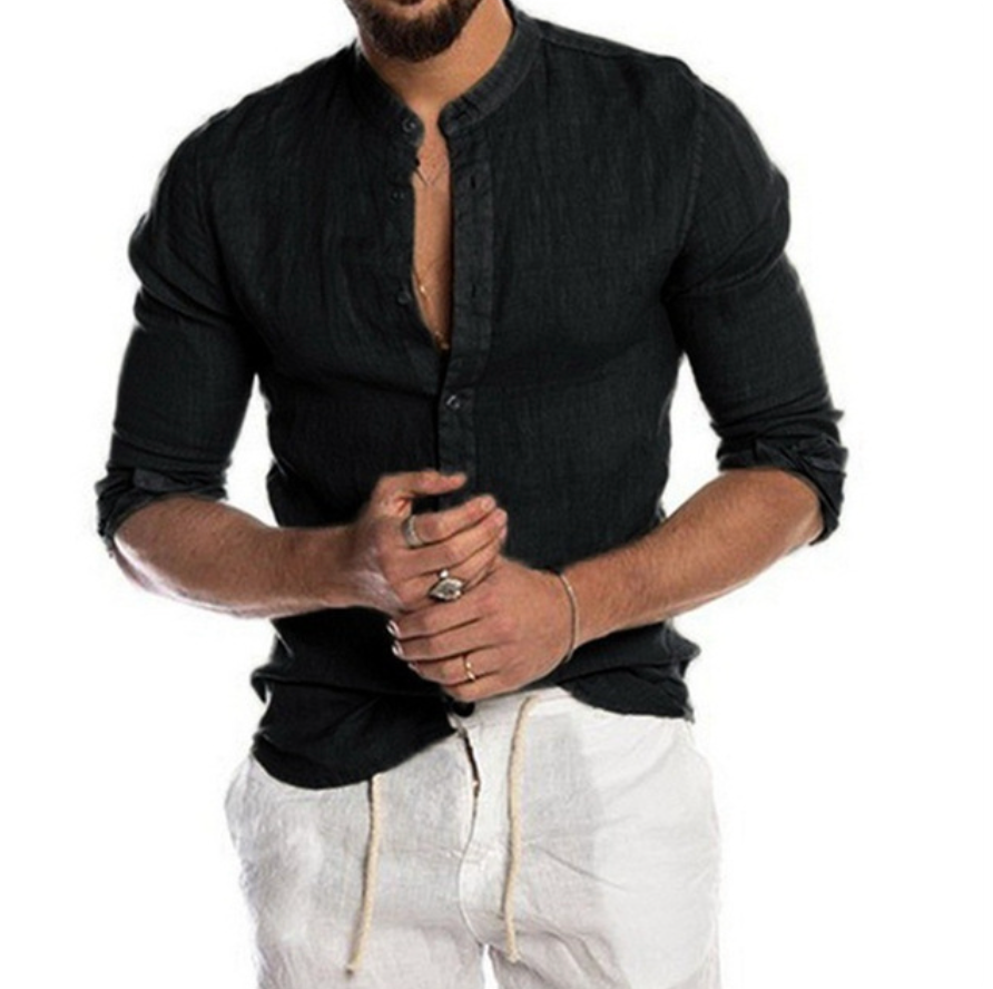 Comfortable men's linen button-up shirt, a versatile short-sleeve top for casual summer fashion & beachwear.