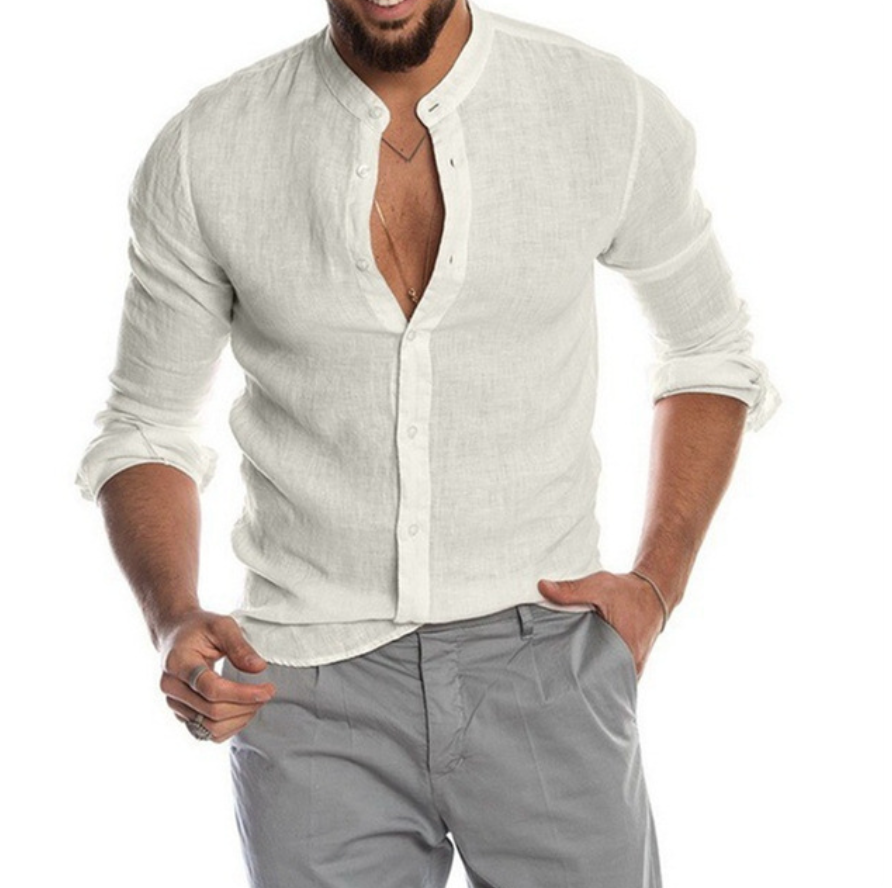 Arlo men's breathable linen shirt, a stylish short-sleeve button-up for summer, holiday, or everyday comfort.