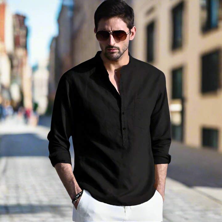 White men's linen button-up shirt (Thiago), offering a lightweight and breathable summer fashion option