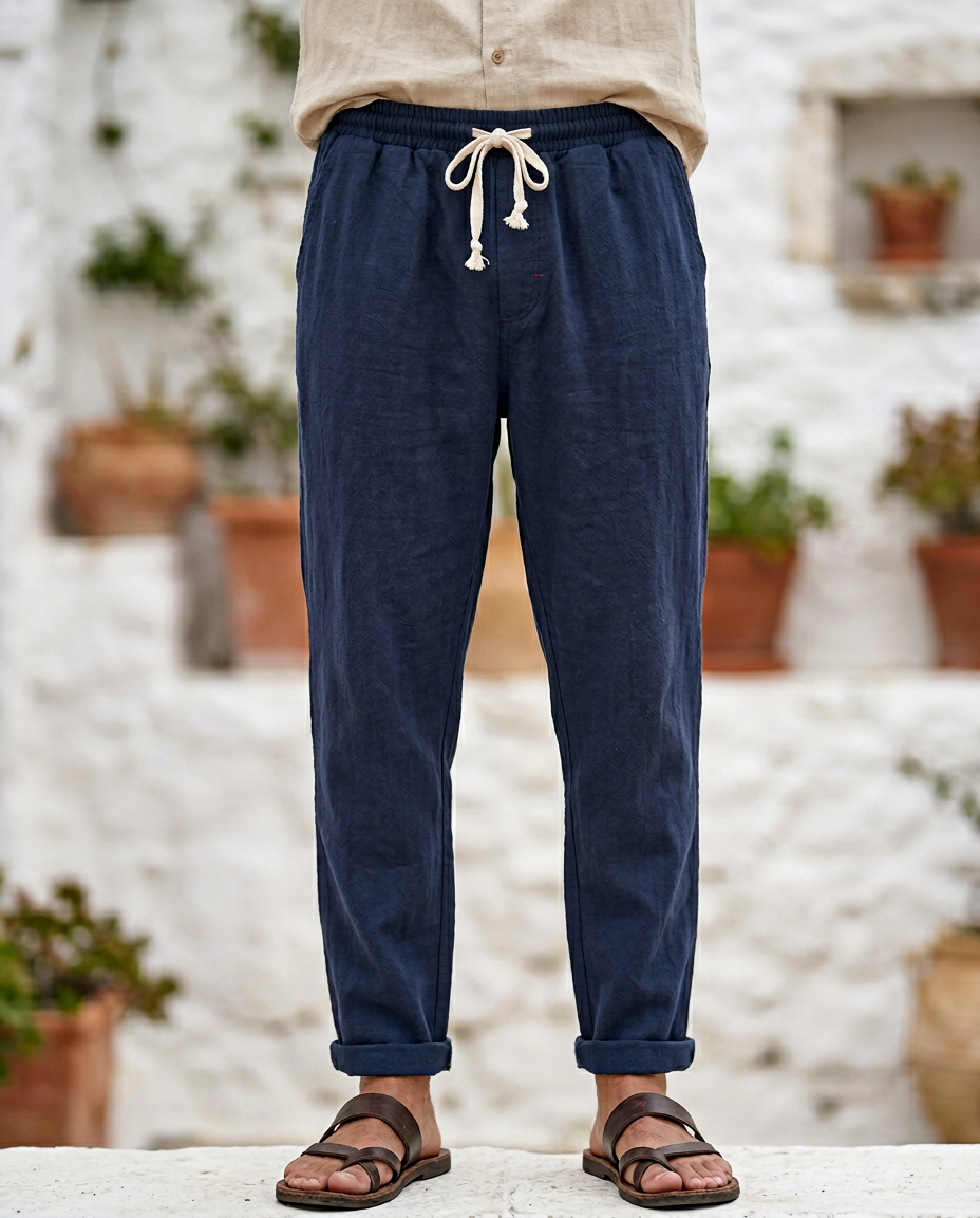 Men's lightweight linen drawstring trousers. Relaxed fit, breathable, comfortable for summer.